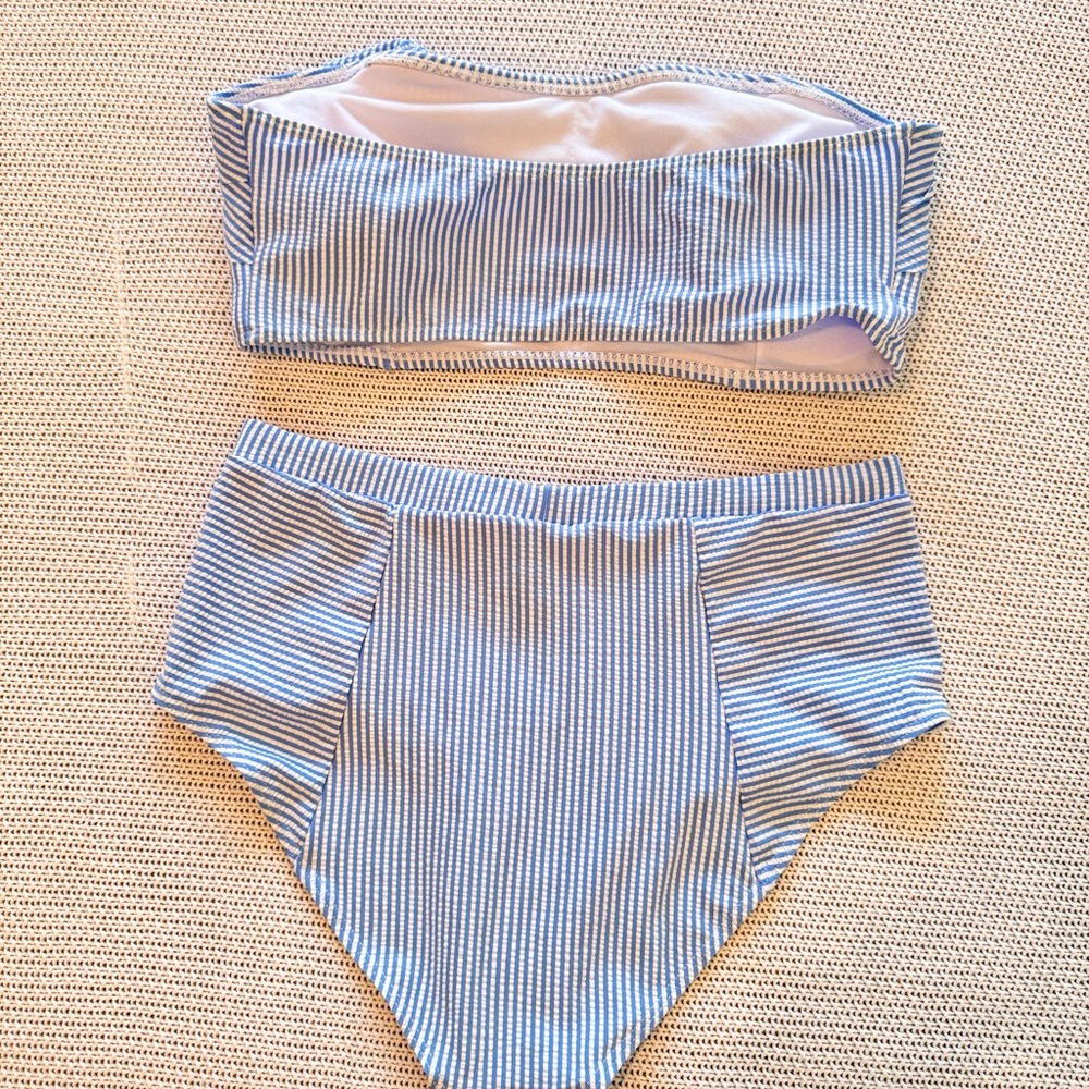 Seersucker Ruffle Bandeau Blue & White Striped Bikini Swimsuit - Picture 3 of 13